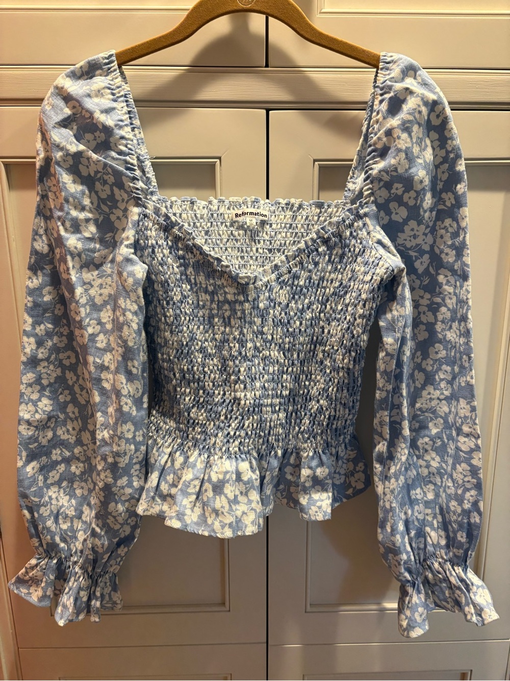 Reformation Light Blue Floral Smocked Square-Neck Top